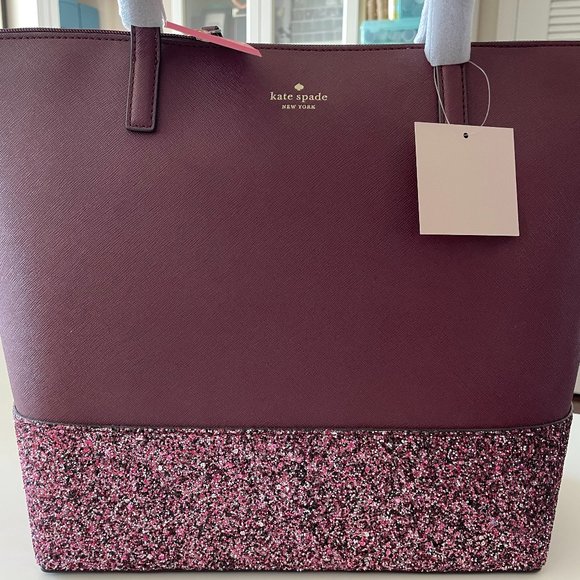 Kate Spade Penny Greta Court Glitter Tote Cherrywood Shoulder Bag - Picture 3 of 8